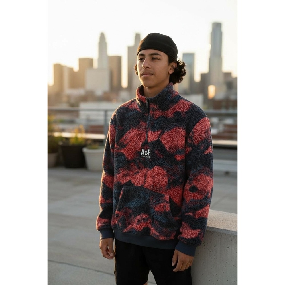 Abercrombie Kids Sherpa Fleece Tie Dye‎ Quarter Zip Hoodie Red Blue Youth L